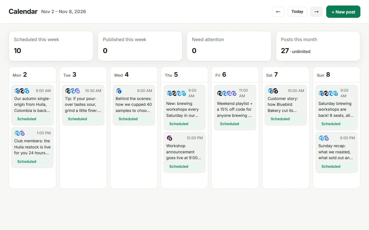 Postuva weekly calendar with posts scheduled to LinkedIn, X, Bluesky, Mastodon, Telegram, Discord and Slack