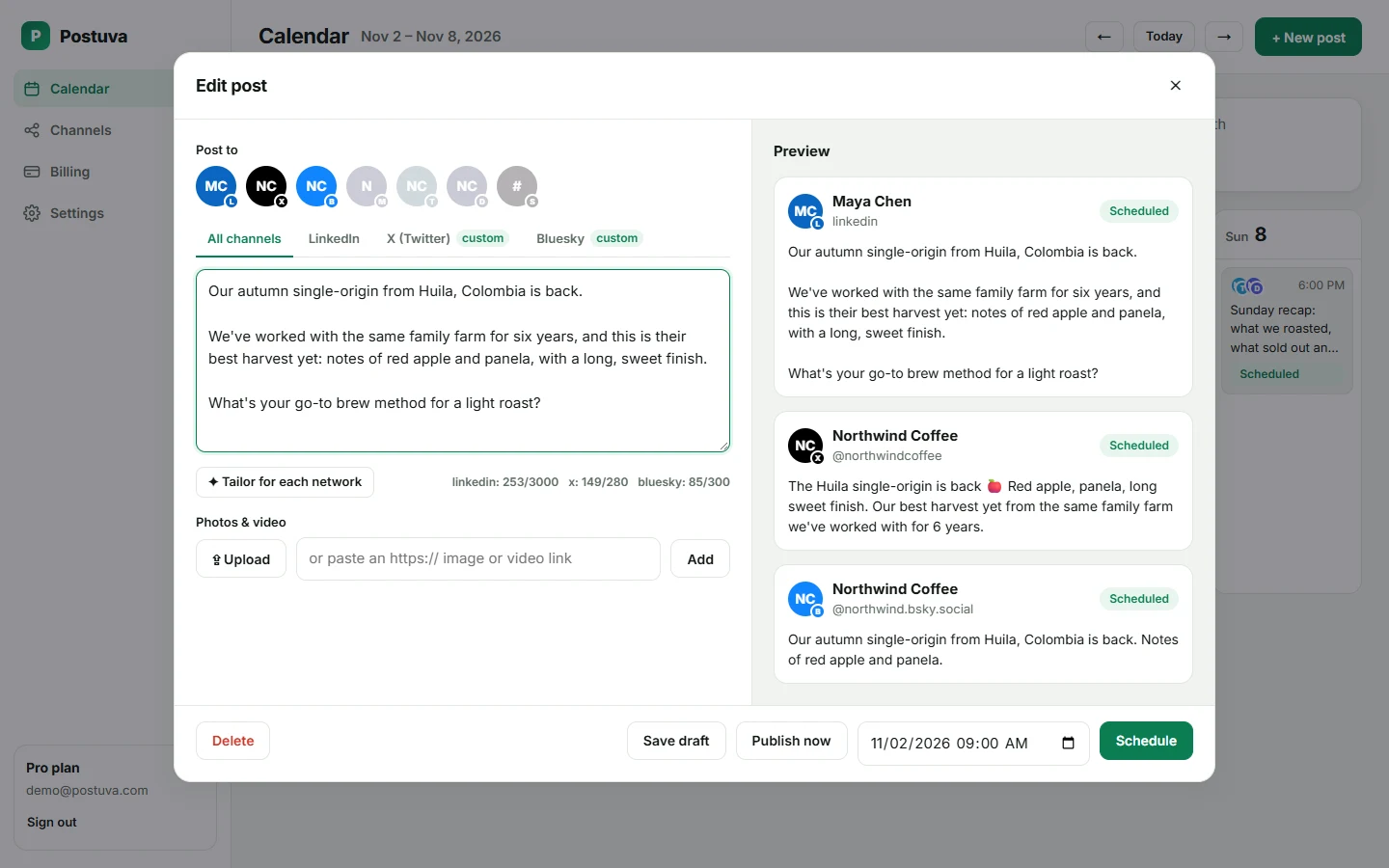 Postuva composer with a post tailored separately for LinkedIn, X and Bluesky, with live previews and character counters